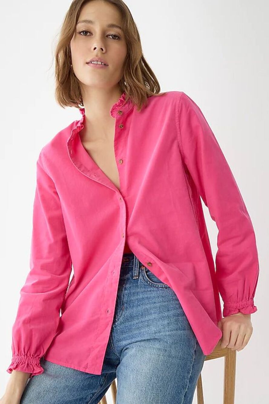 J.Crew Womens Classic-Fit Ruffleneck Shirt Corduroy Button-Up Cotton Pink Size 4